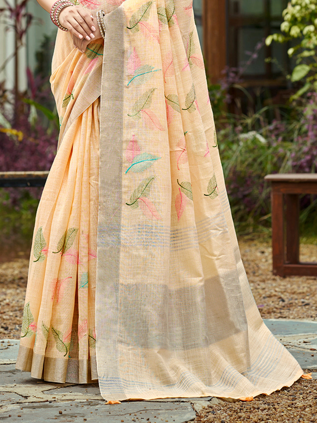 Sangam Prints Orange  Linen Woven Work Traditional Saree | Grocsy
