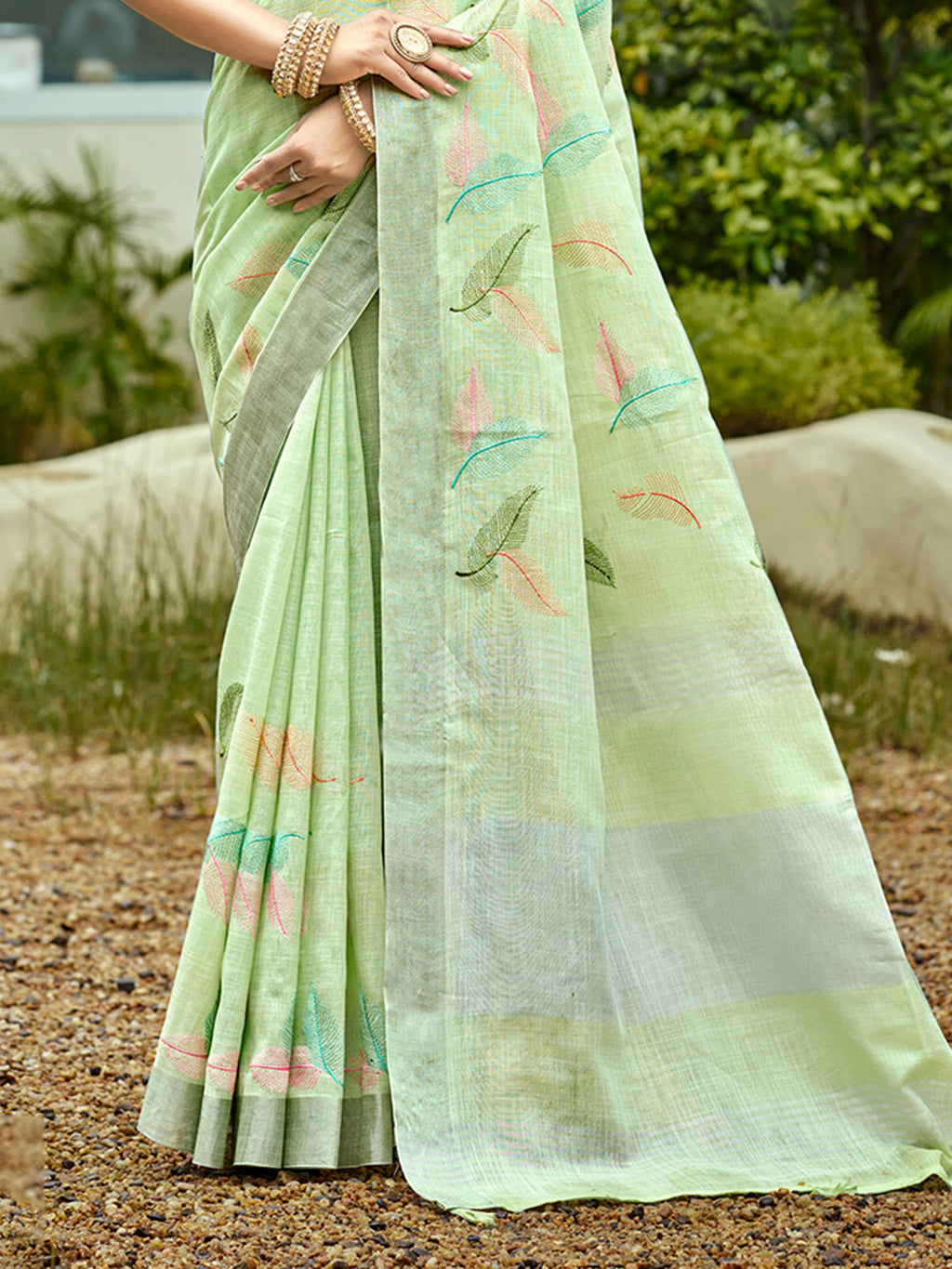 Sangam Prints Light Green Linen Woven Work Traditional Saree | Grocsy