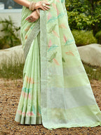 Sangam Prints Light Green Linen Woven Work Traditional Saree | Grocsy