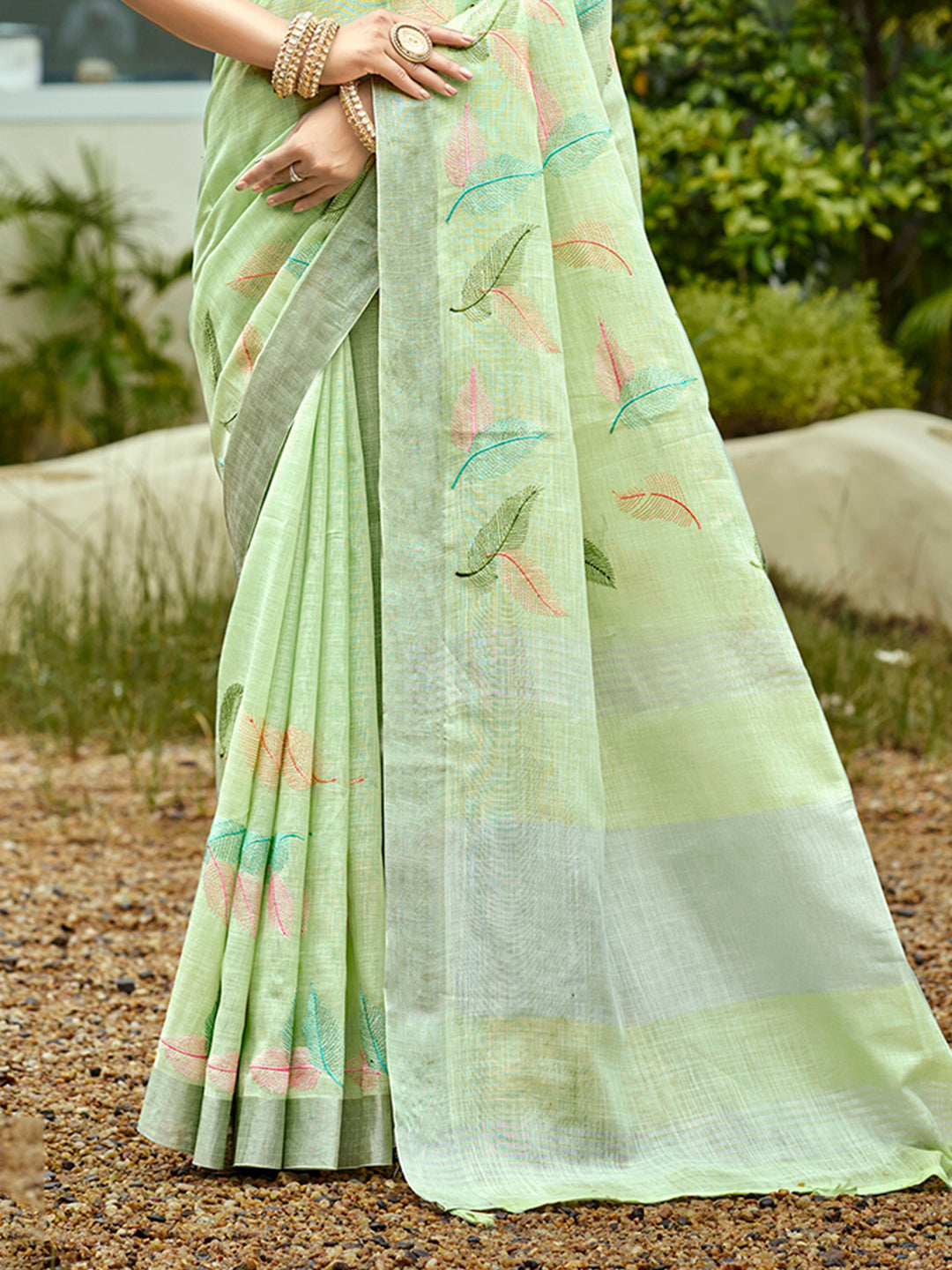 Sangam Prints Light Green Linen Woven Work Traditional Saree | Grocsy