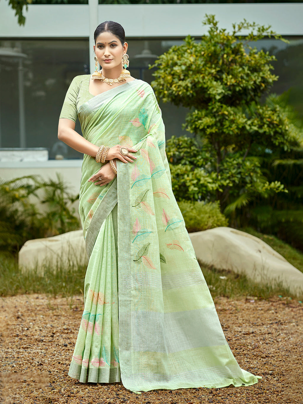 Sangam Prints Light Green Linen Woven Work Traditional Saree | Grocsy
