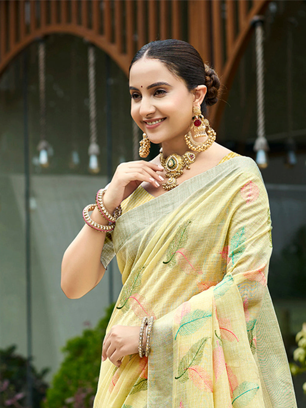 Sangam Prints Yellow Linen Woven Work Traditional Saree | Grocsy