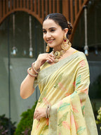 Sangam Prints Yellow Linen Woven Work Traditional Saree | Grocsy