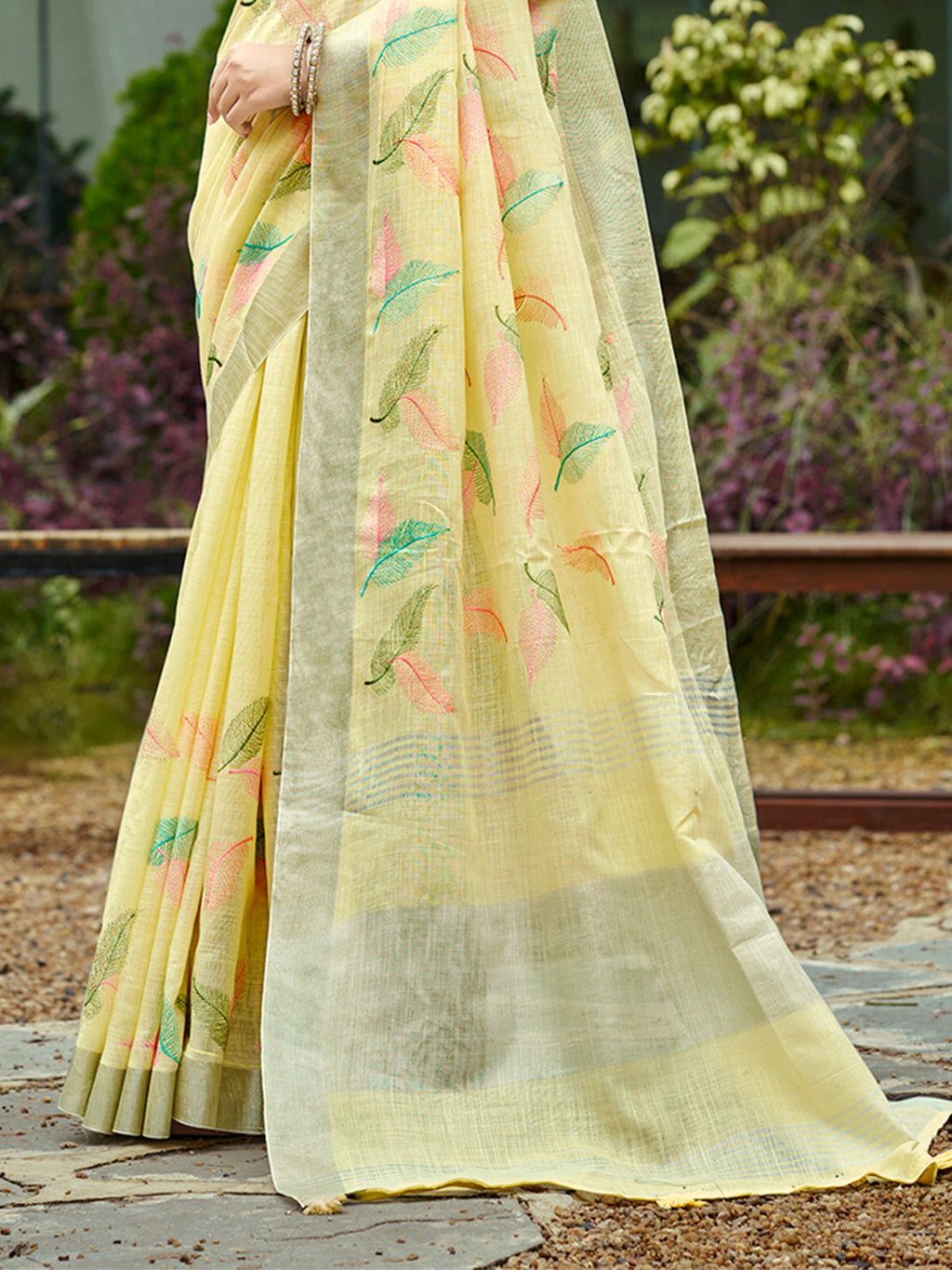 Sangam Prints Yellow Linen Woven Work Traditional Saree | Grocsy