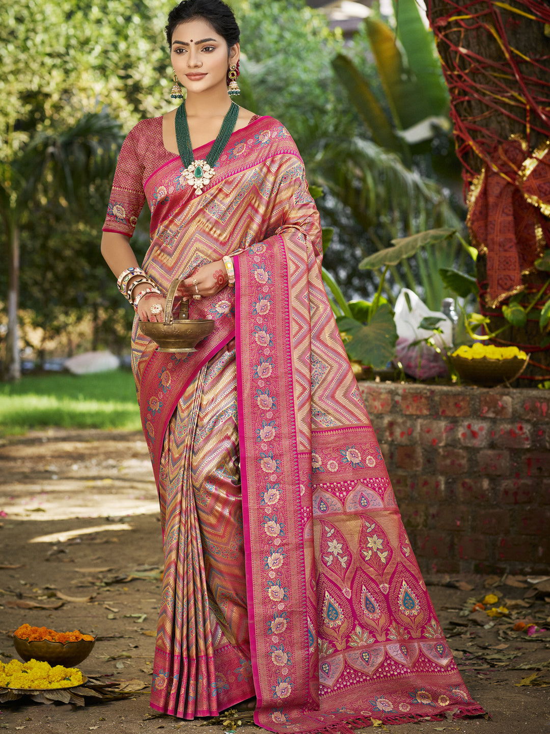 Sangam Prints Pink Silk Woven Work Traditional Saree | Grocsy