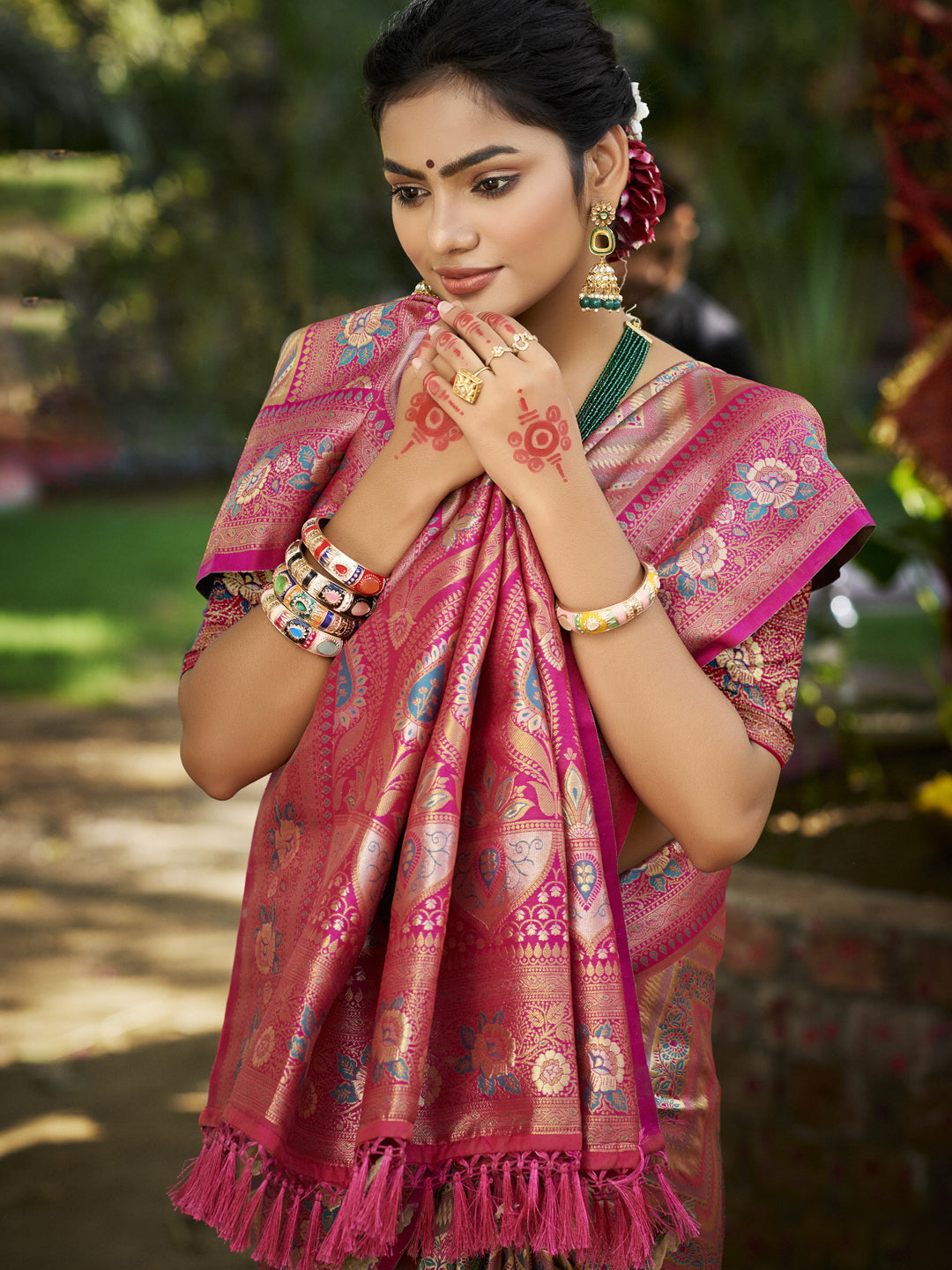 Sangam Prints Pink Silk Woven Work Traditional Saree | Grocsy