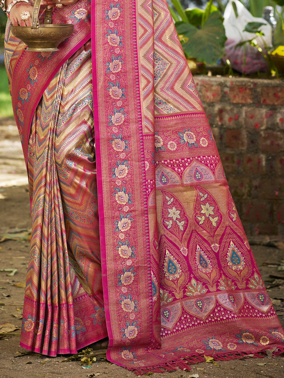 Sangam Prints Pink Silk Woven Work Traditional Saree | Grocsy