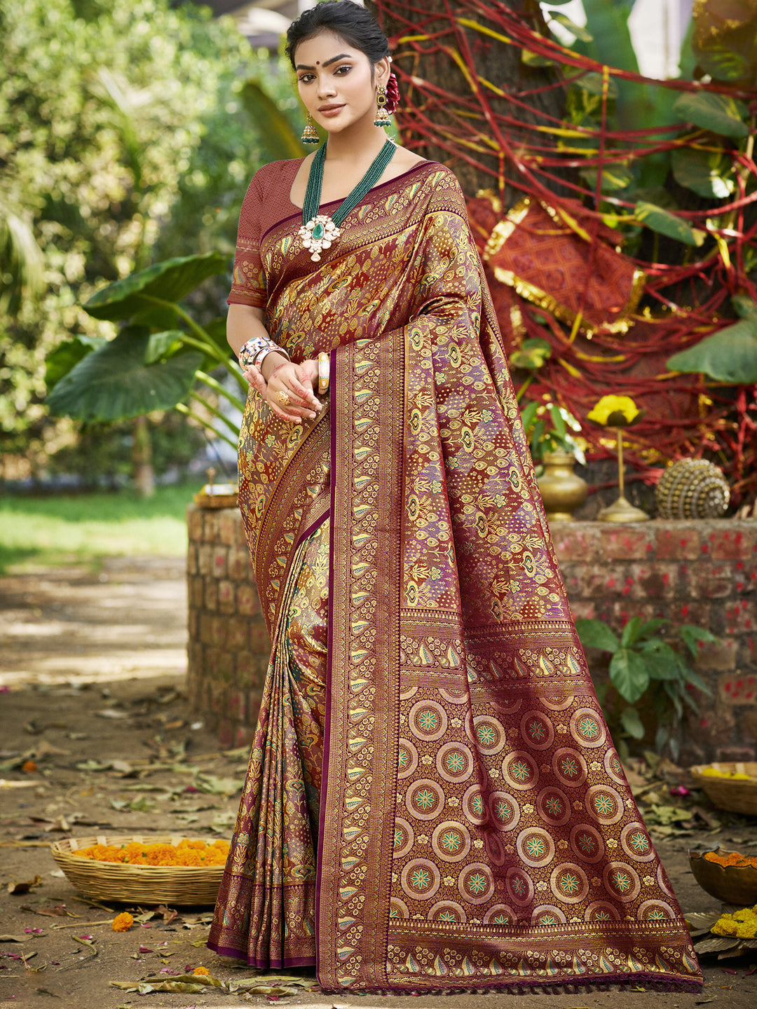 Sangam Prints Wine Silk Woven Work Traditional Saree | Grocsy