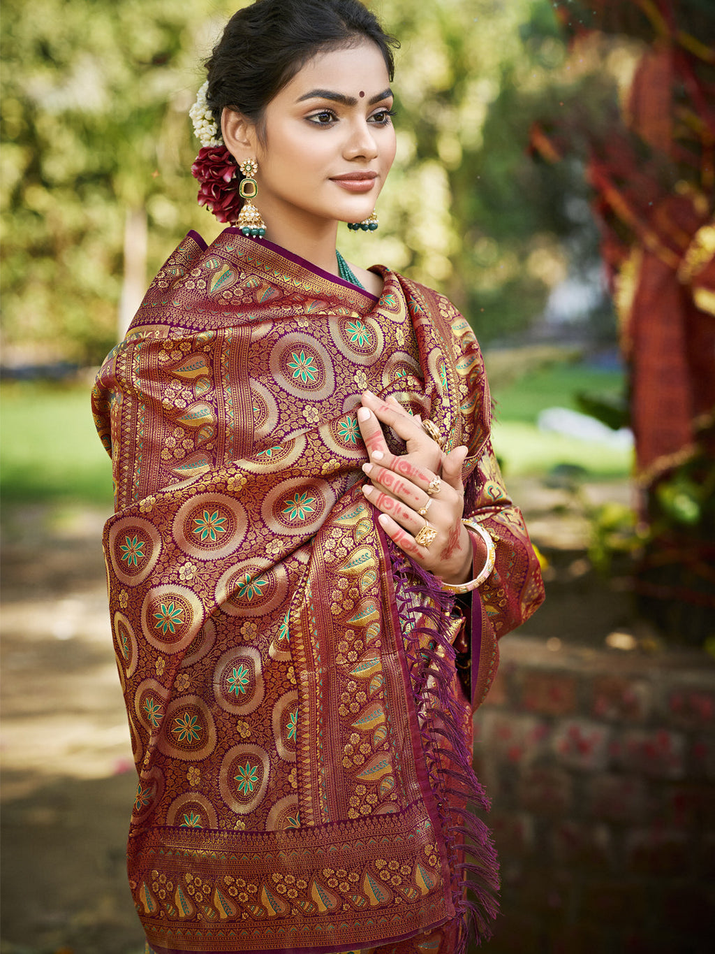 Sangam Prints Wine Silk Woven Work Traditional Saree | Grocsy