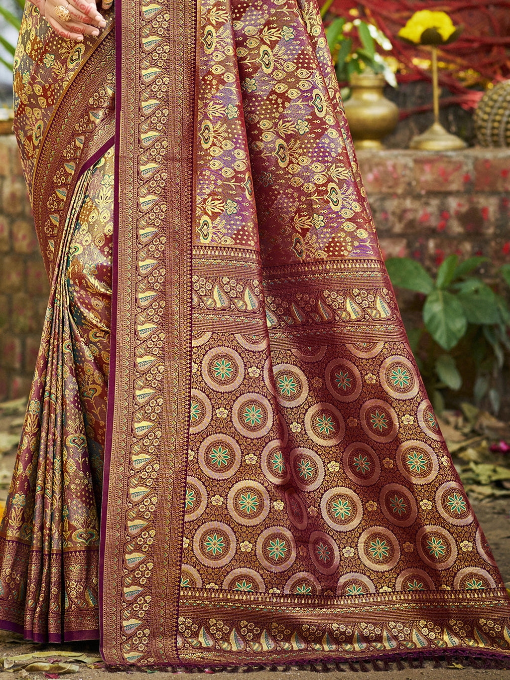 Sangam Prints Wine Silk Woven Work Traditional Saree | Grocsy
