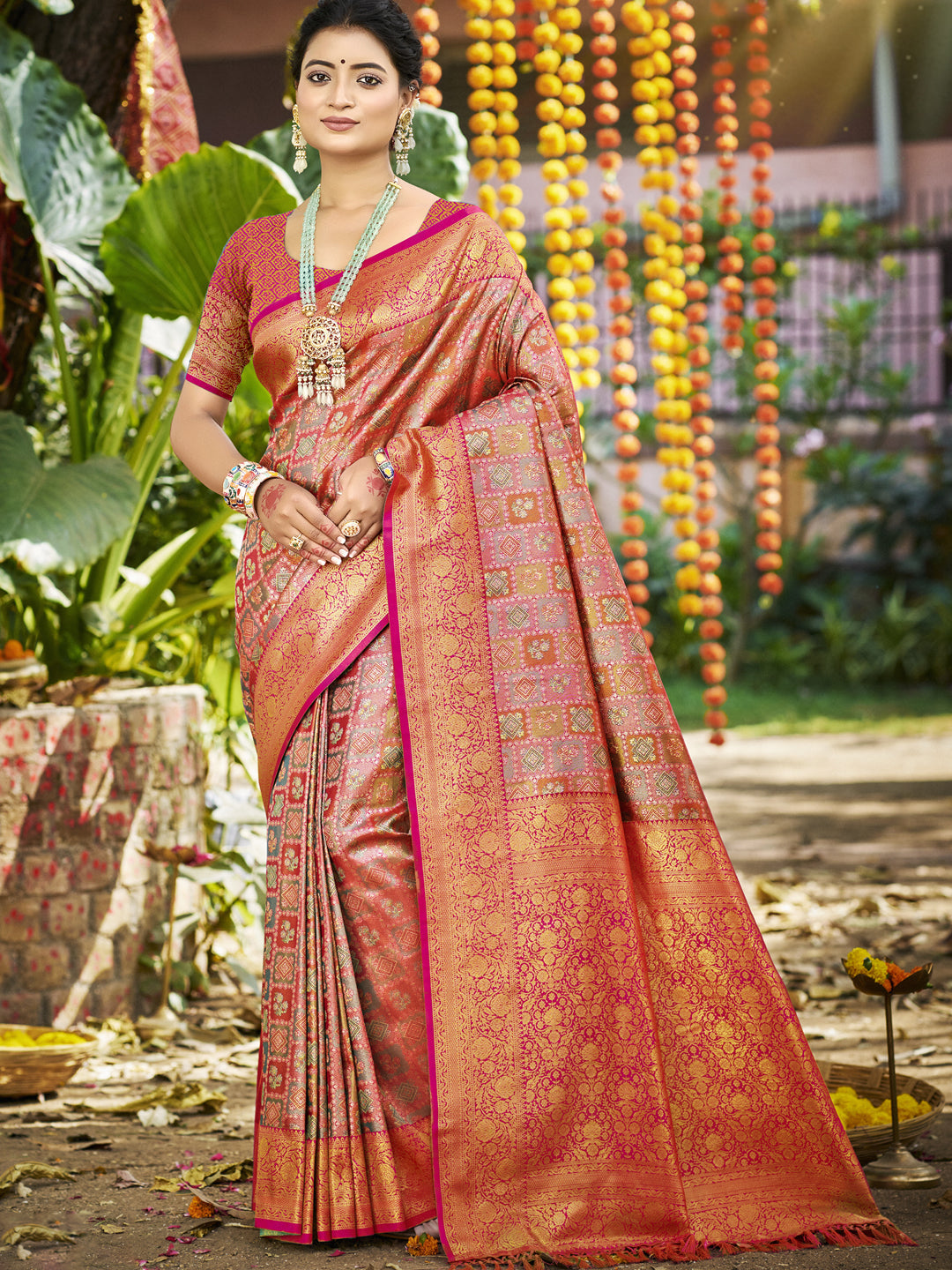 Sangam Prints Pink Silk Woven Work Traditional Saree | Grocsy