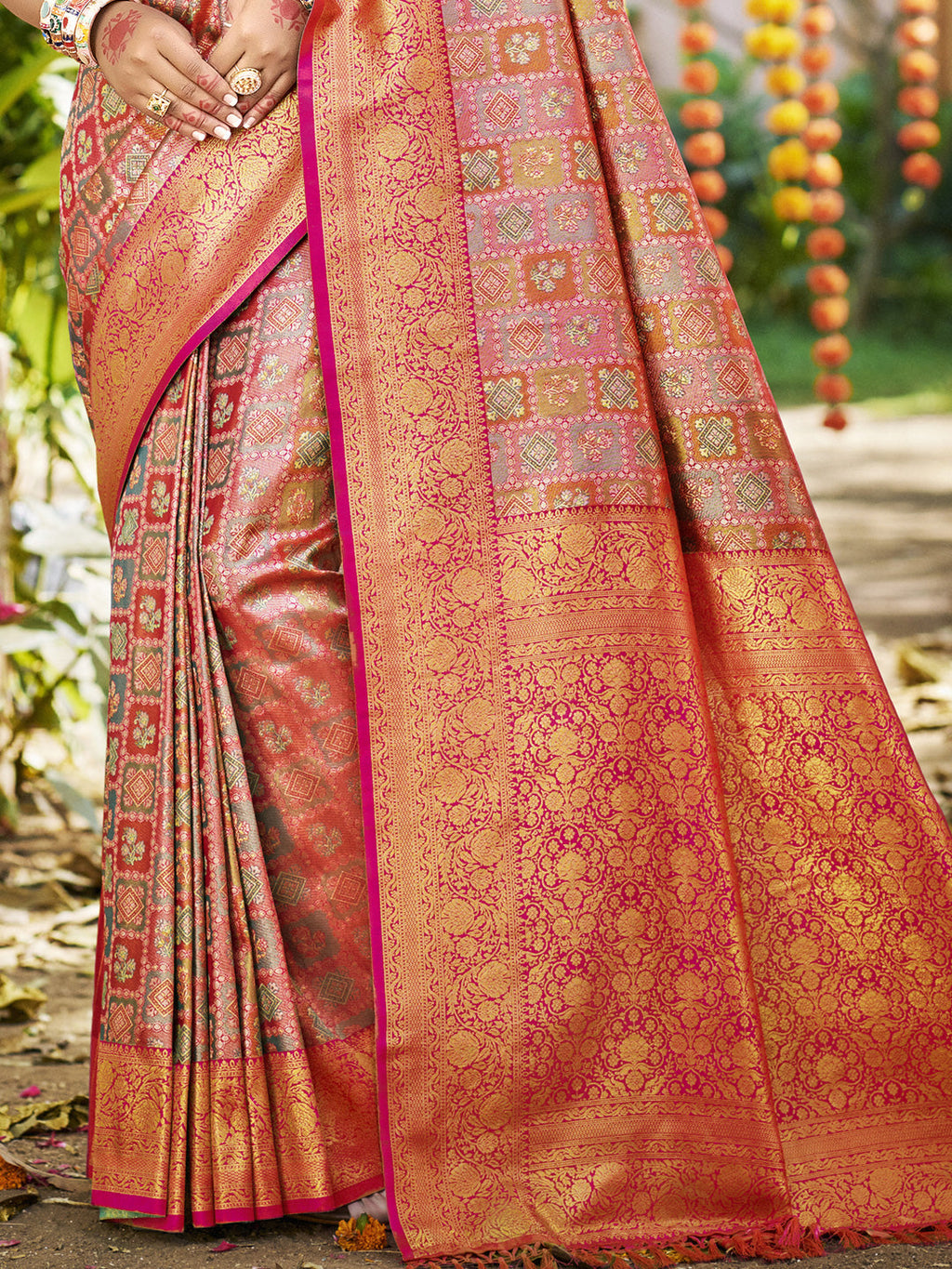 Sangam Prints Pink Silk Woven Work Traditional Saree | Grocsy