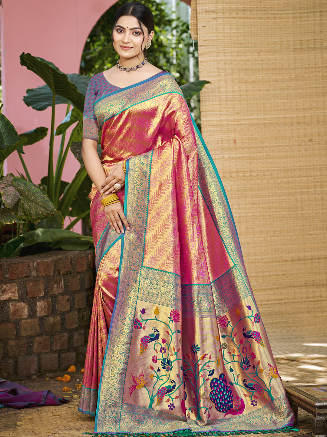 Sangam Prints Multi Color Kanjivaram Silk Woven Work Traditional Saree | Grocsy