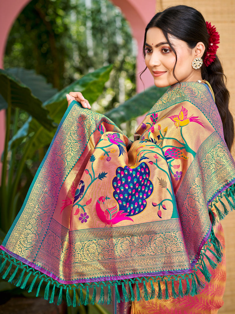 Sangam Prints Multi Color Kanjivaram Silk Woven Work Traditional Saree | Grocsy