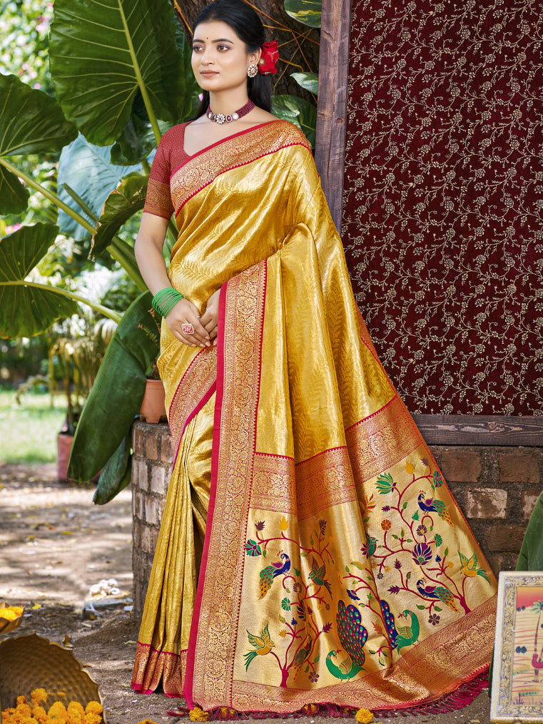 Sangam Prints Mustard Kanjivaram Silk Woven Work Traditional Saree | Grocsy