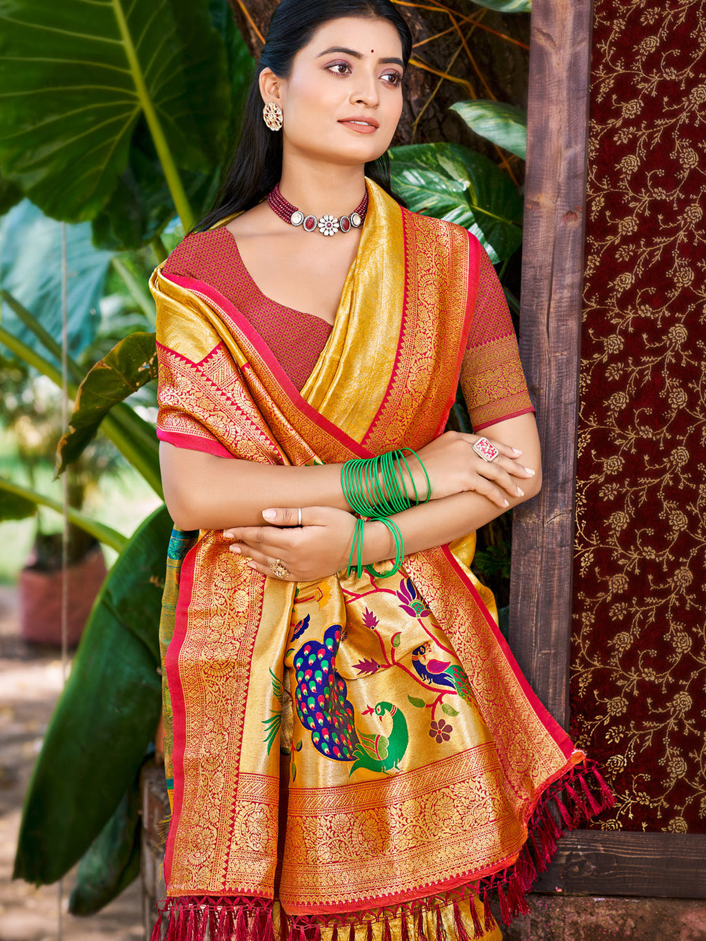 Sangam Prints Mustard Kanjivaram Silk Woven Work Traditional Saree | Grocsy