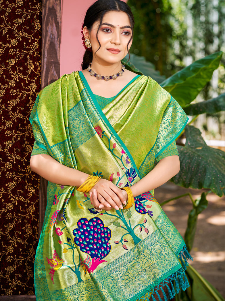 Sangam Prints Green Kanjivaram Silk Woven Work Traditional Saree | Grocsy