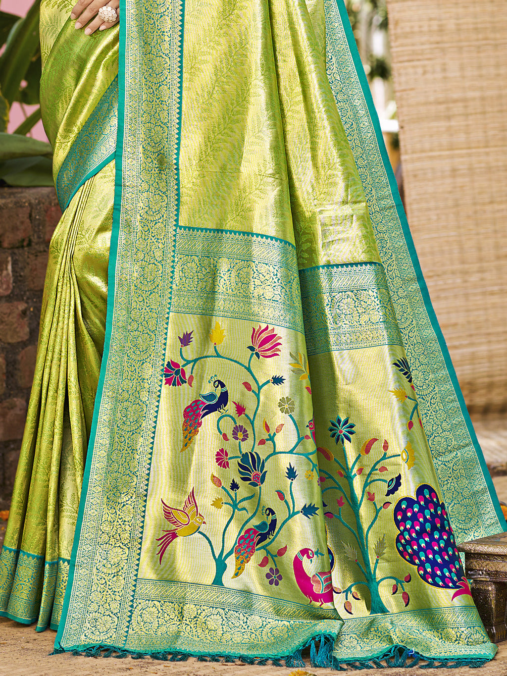 Sangam Prints Green Kanjivaram Silk Woven Work Traditional Saree | Grocsy