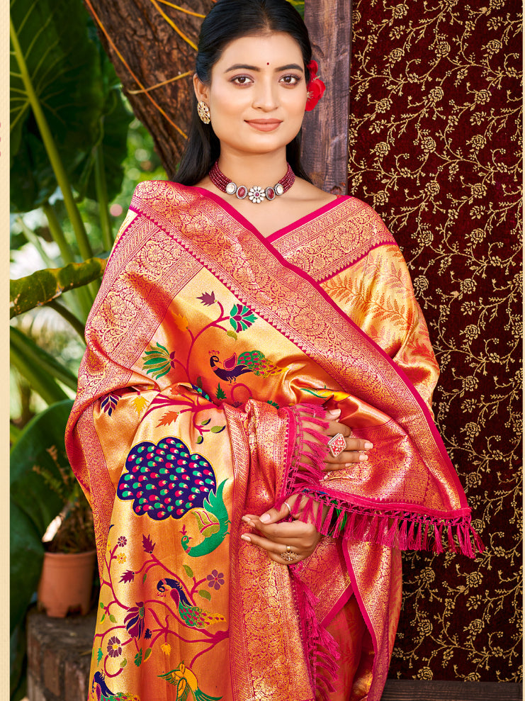 Sangam Prints Multi Color Kanjivaram Silk Woven Work Traditional Saree | Grocsy