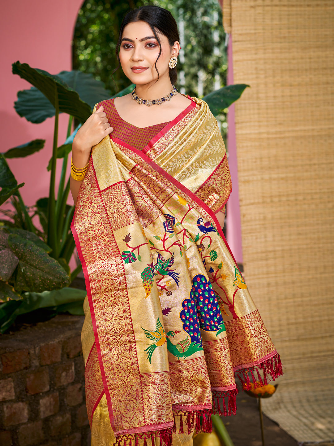 Sangam Prints Multi Color Kanjivaram Silk Woven Work Traditional Saree | Grocsy