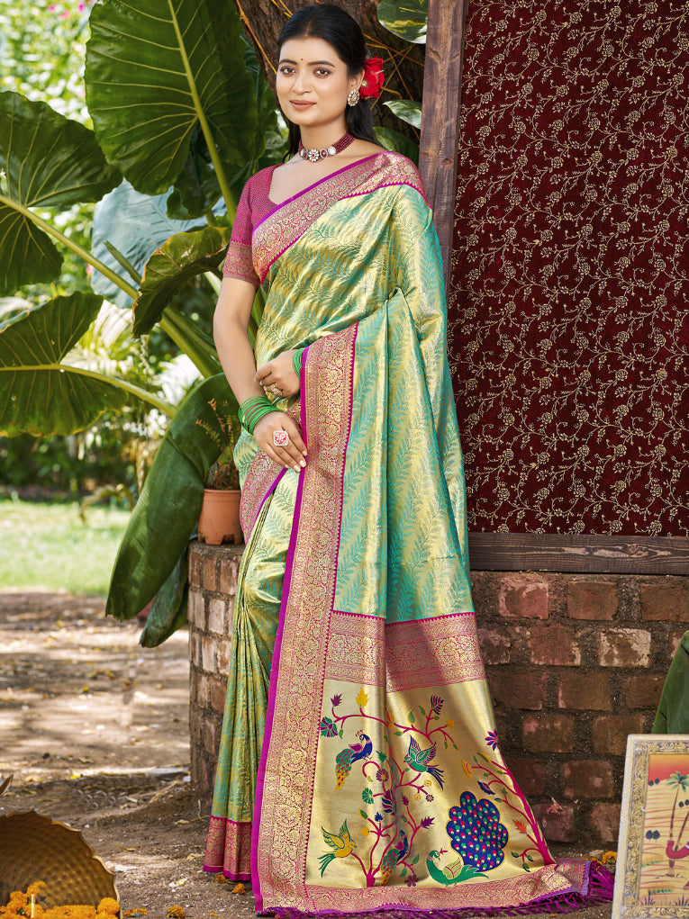 Sangam Prints Multi Color Kanjivaram Silk Woven Work Traditional Saree | Grocsy