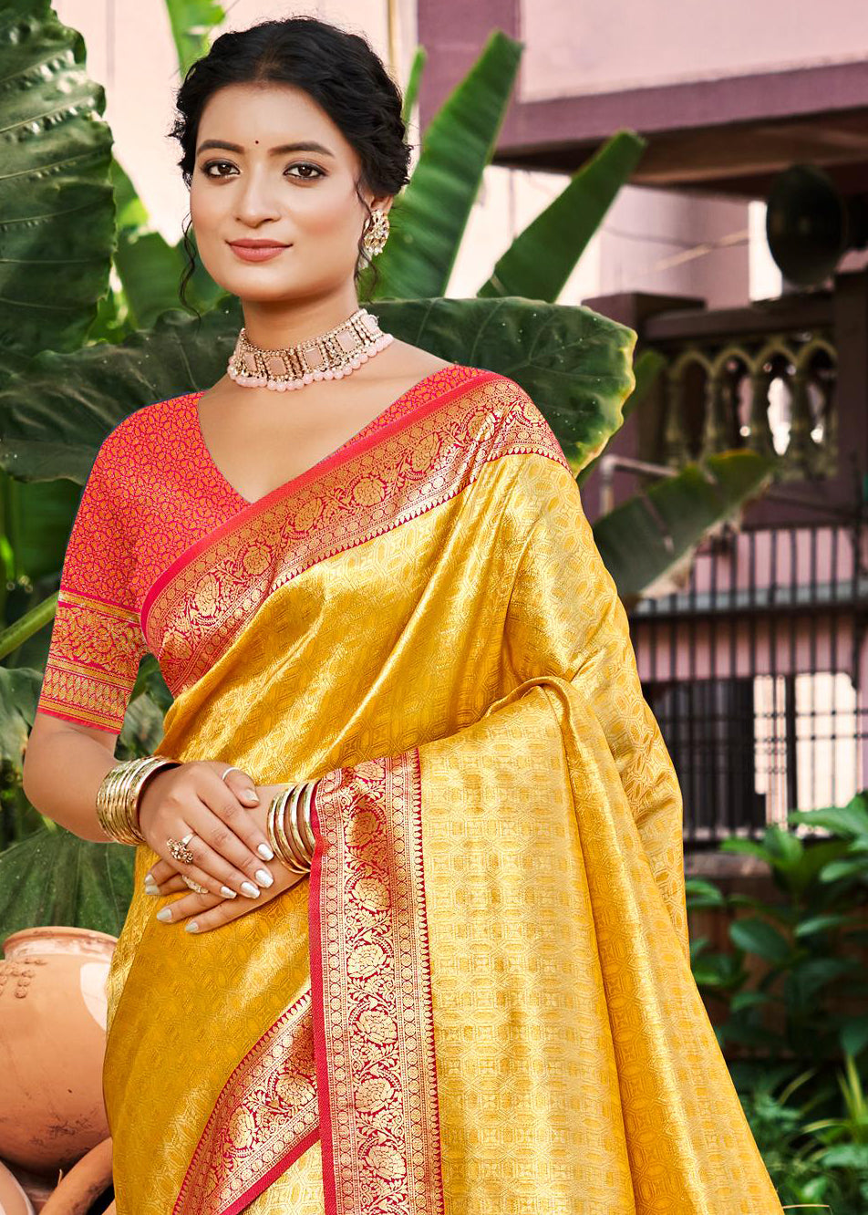 Sangam Prints Multi Color Kanjivaram Silk Woven Work Traditional Saree | Grocsy