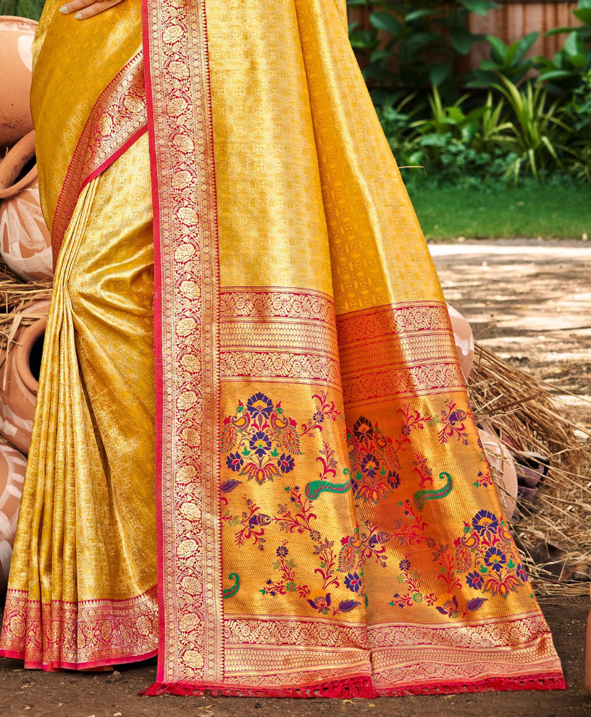 Sangam Prints Multi Color Kanjivaram Silk Woven Work Traditional Saree | Grocsy