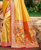 Sangam Prints Multi Color Kanjivaram Silk Woven Work Traditional Saree | Grocsy