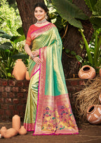 Sangam Prints Multi Color Kanjivaram Silk Woven Work Traditional Saree | Grocsy
