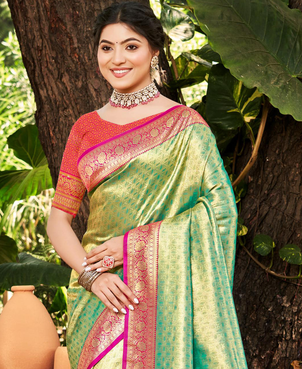 Sangam Prints Multi Color Kanjivaram Silk Woven Work Traditional Saree | Grocsy