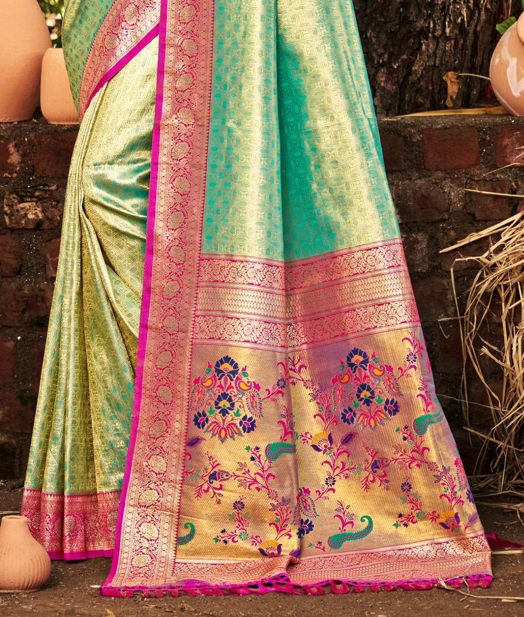 Sangam Prints Multi Color Kanjivaram Silk Woven Work Traditional Saree | Grocsy