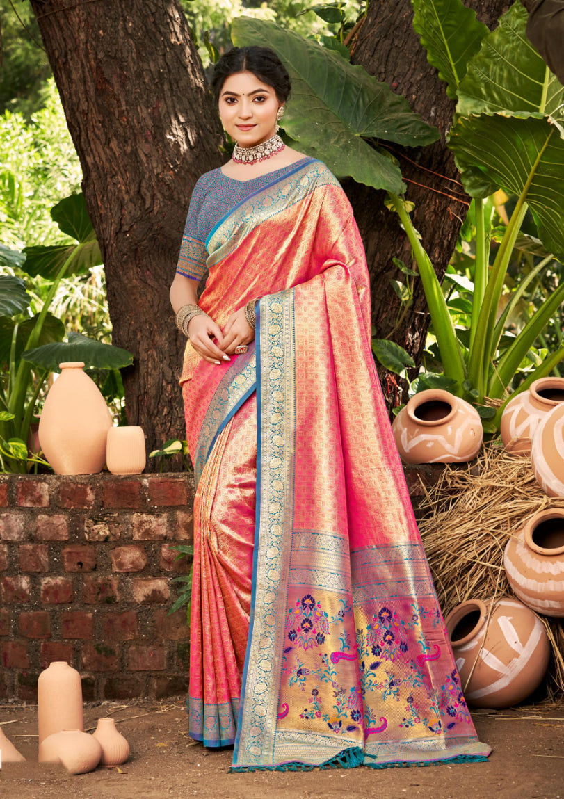 Sangam Prints Multi Color Kanjivaram Silk Woven Work Traditional Saree | Grocsy