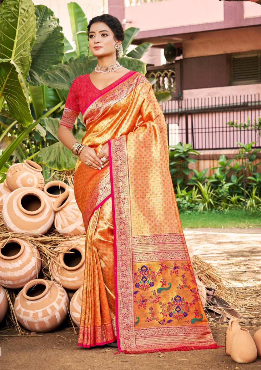 Sangam Prints Multi Color Kanjivaram Silk Woven Work Traditional Saree | Grocsy