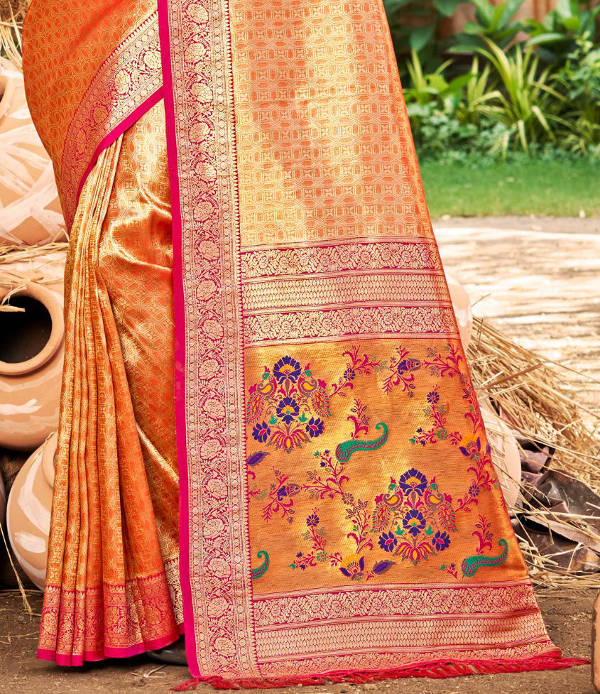 Sangam Prints Multi Color Kanjivaram Silk Woven Work Traditional Saree | Grocsy