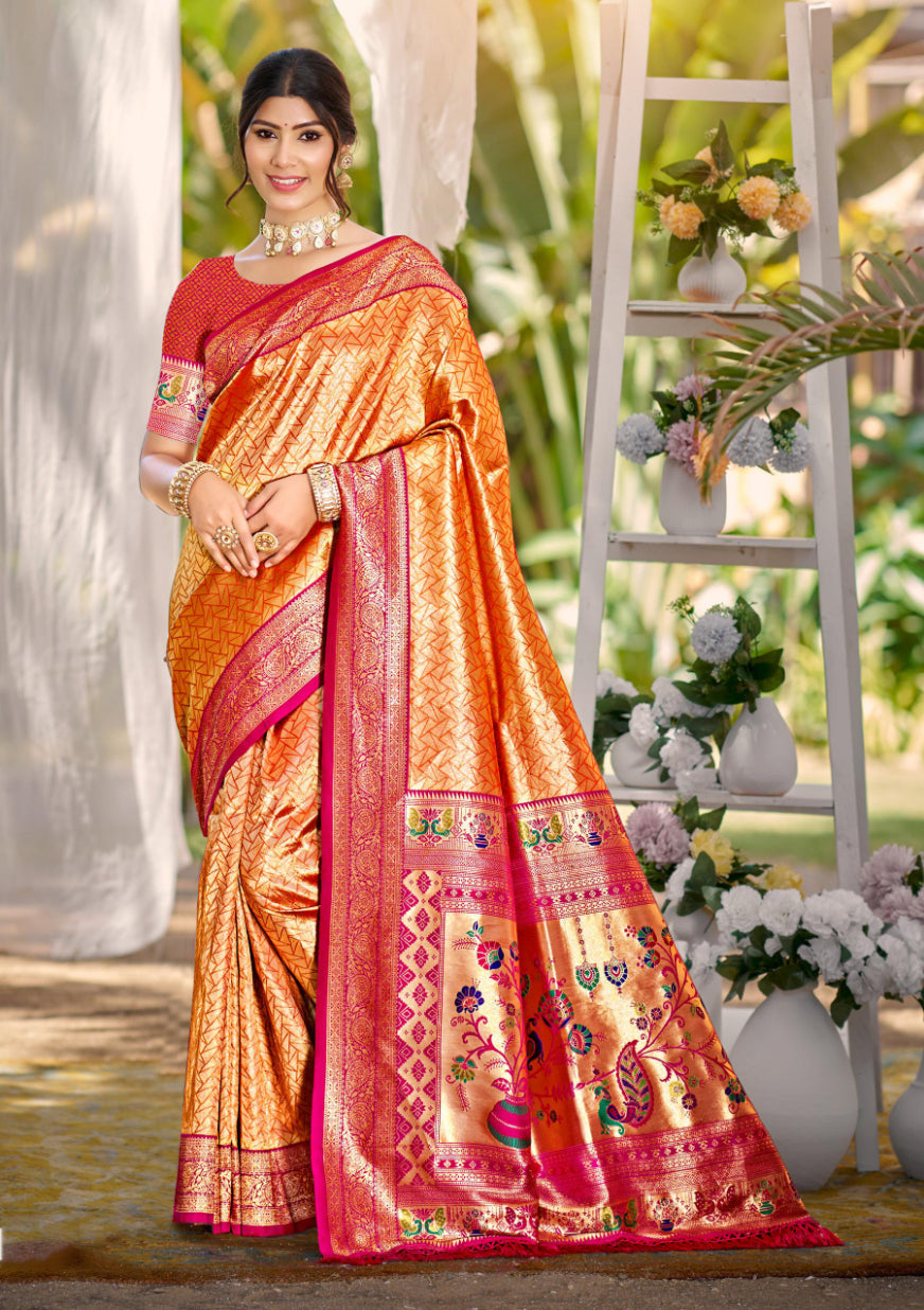 Sangam Prints Multi Color Kanjivaram Silk Woven Work Traditional Saree | Grocsy