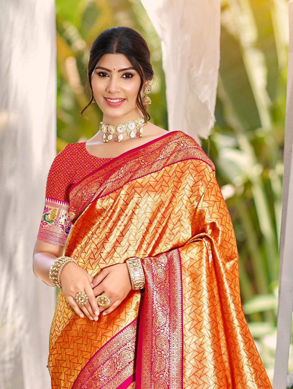 Sangam Prints Multi Color Kanjivaram Silk Woven Work Traditional Saree | Grocsy