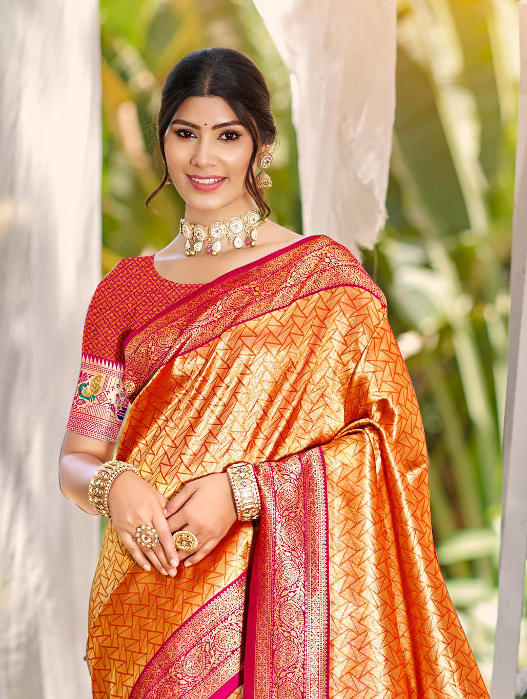 Sangam Prints Multi Color Kanjivaram Silk Woven Work Traditional Saree | Grocsy