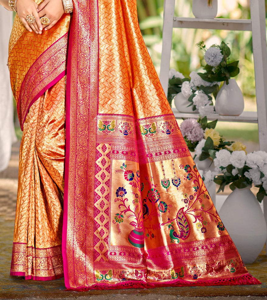 Sangam Prints Multi Color Kanjivaram Silk Woven Work Traditional Saree | Grocsy