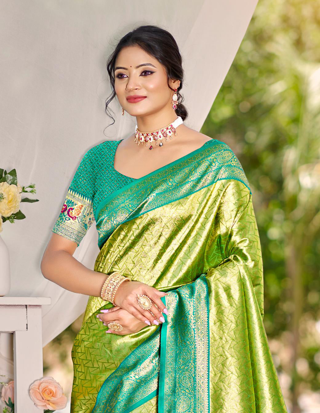 Sangam Prints Multi Color Kanjivaram Silk Woven Work Traditional Saree | Grocsy