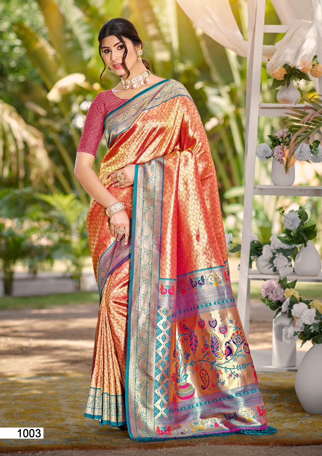 Sangam Prints Multi Color Kanjivaram Silk Woven Work Traditional Saree | Grocsy