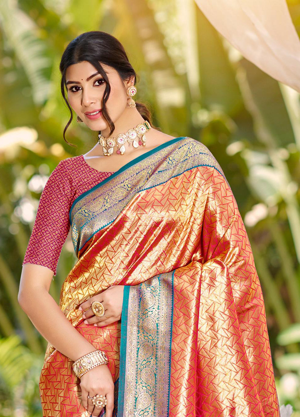Sangam Prints Multi Color Kanjivaram Silk Woven Work Traditional Saree | Grocsy