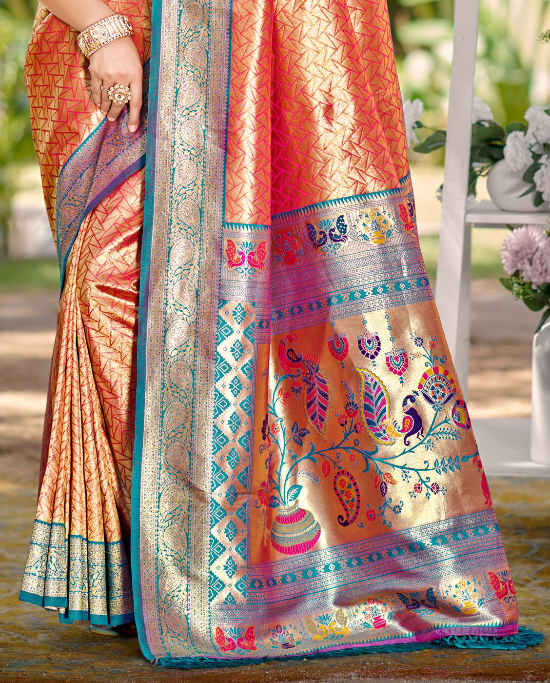 Sangam Prints Multi Color Kanjivaram Silk Woven Work Traditional Saree | Grocsy