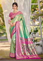 Sangam Prints Multi Color Kanjivaram Silk Woven Work Traditional Saree | Grocsy