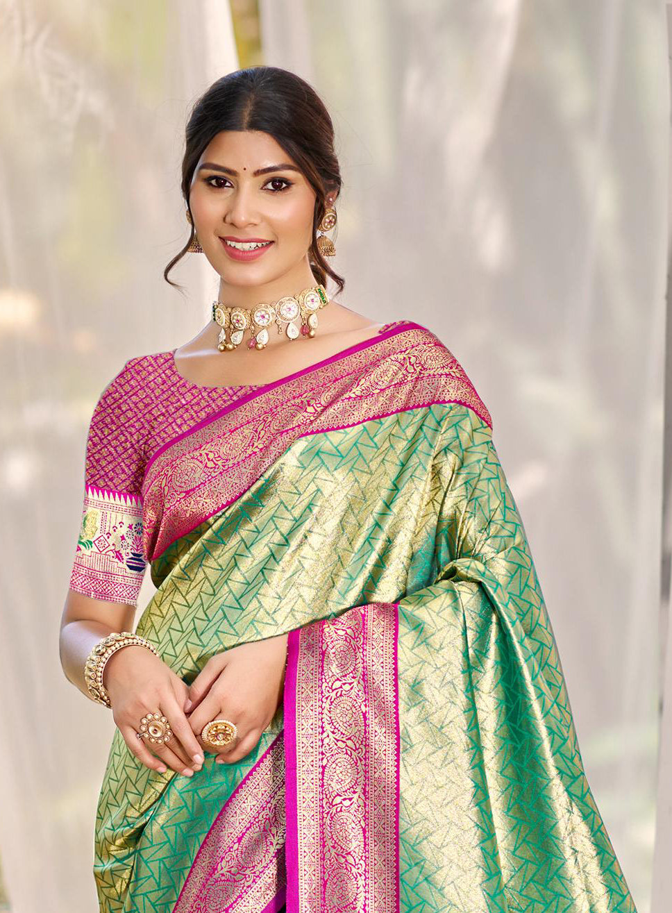 Sangam Prints Multi Color Kanjivaram Silk Woven Work Traditional Saree | Grocsy