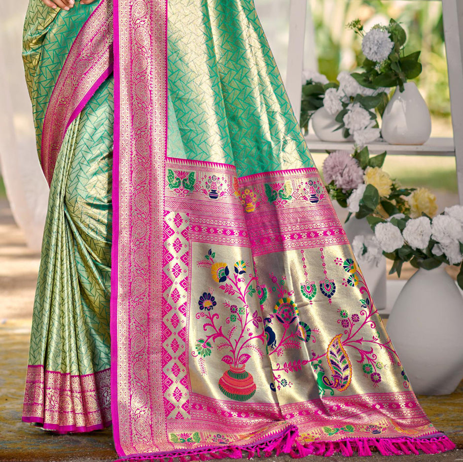 Sangam Prints Multi Color Kanjivaram Silk Woven Work Traditional Saree | Grocsy