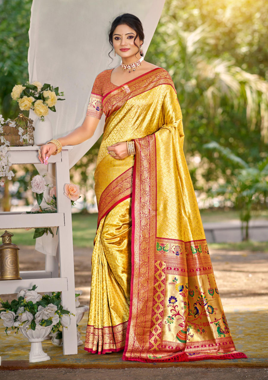 Sangam Prints Multi Color Kanjivaram Silk Woven Work Traditional Saree | Grocsy