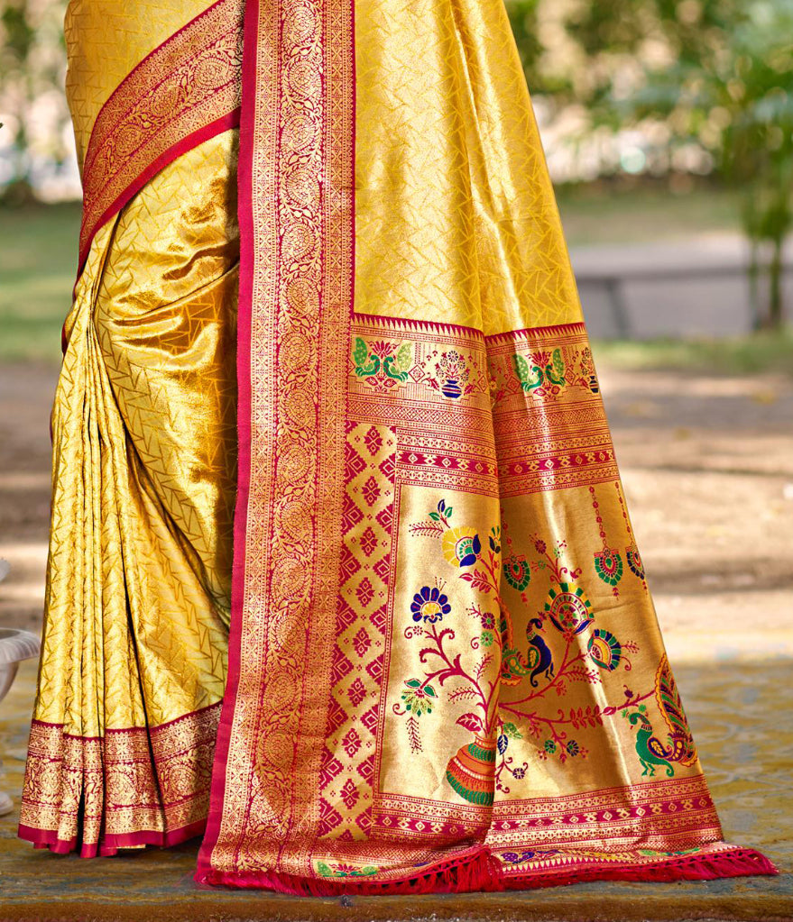 Sangam Prints Multi Color Kanjivaram Silk Woven Work Traditional Saree | Grocsy