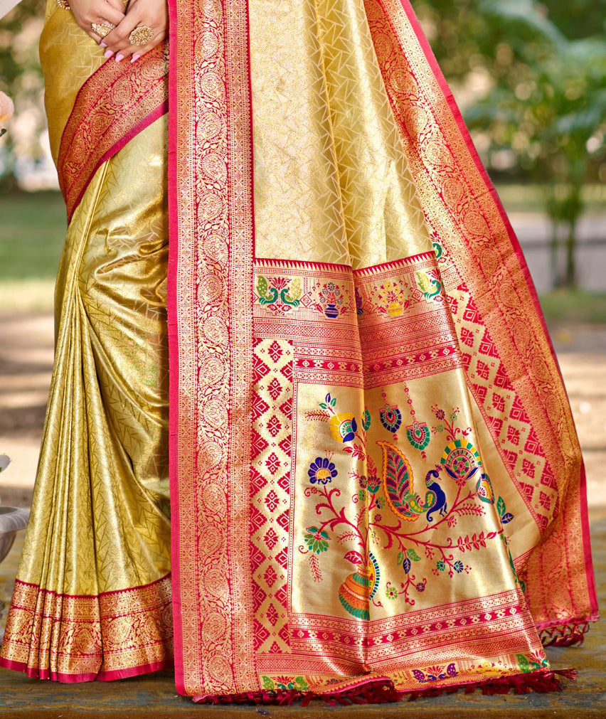 Sangam Prints Multi Color Kanjivaram Silk Woven Work Traditional Saree | Grocsy