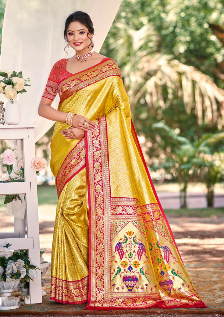 Sangam Prints Multi Color Kanjivaram Silk Woven Work Traditional Saree | Grocsy