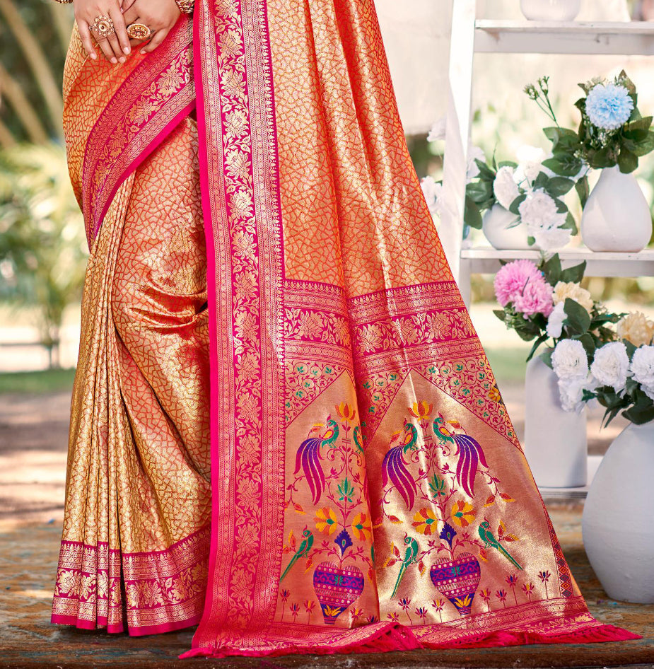 Sangam Prints Multi Color Kanjivaram Silk Woven Work Traditional Saree | Grocsy